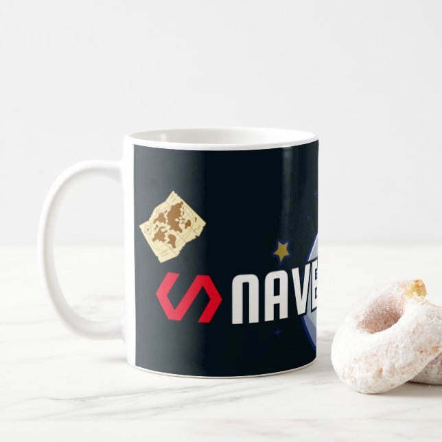 Ship — Curious Stuff and 🚀 Designs Coffee Mug (With Donut)