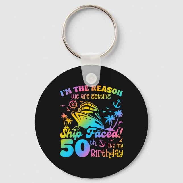 Ship Faced It's My 50th Birthday Cruising Ship Tri Keychain (Front)