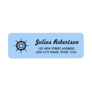 Ship helm on blue label
