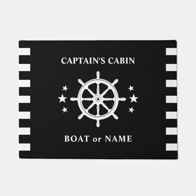 Ship Helm Wheel Captain Cabin Boat Name Black Doormat (Front)