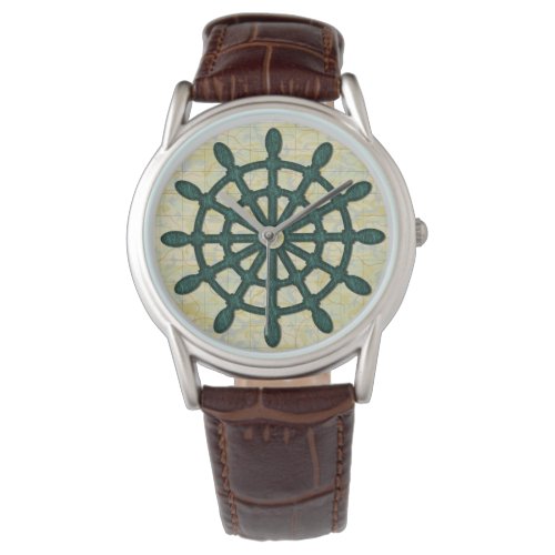 Ship Helm Wheel in Teal Wood Old Map Nautical Sea Watch