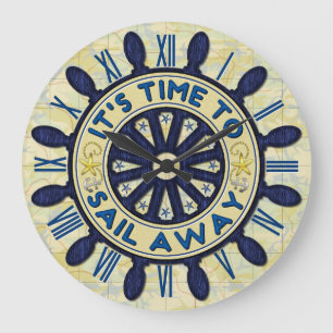 Ship Helm Wood Wheel Blue Nautical Sail Away Map Large Clock