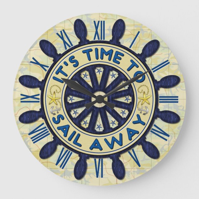 Ship Helm Wood Wheel Blue Nautical Sail Away Map Large Clock (Front)
