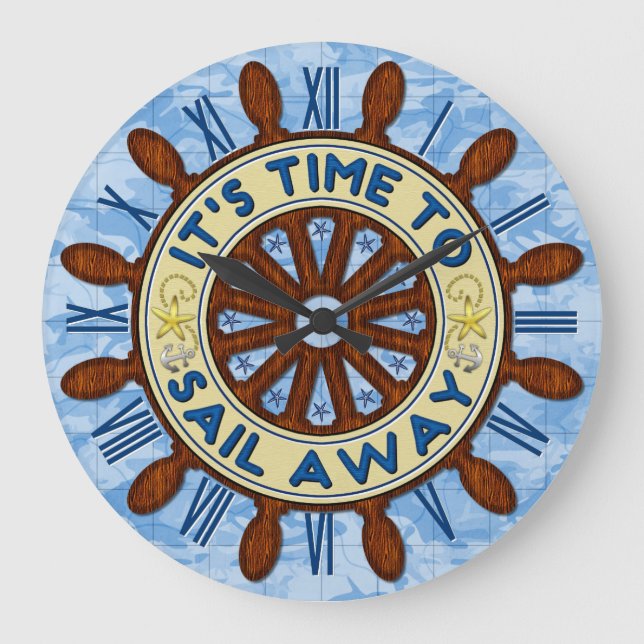 Ship Helm Wood Wheel Nautical Blue Map Sail Away Large Clock (Front)