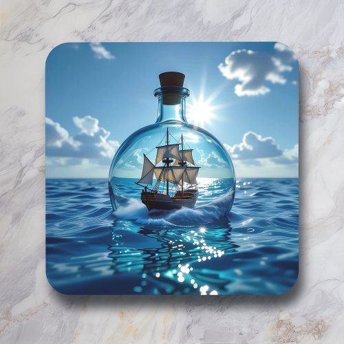 Ship in a Bottle Floating on the Ocean  Beverage Coaster