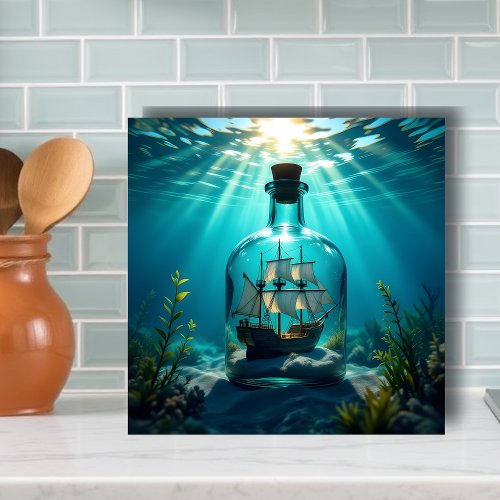 Ship in a Bottle Floating on the Ocean  Ceramic Tile