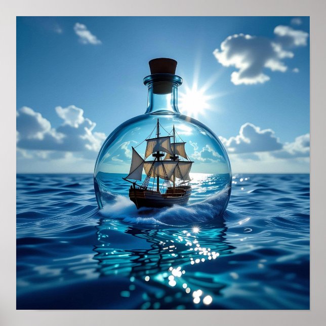 Ship in a Bottle Floating on the Ocean  Poster (Front)