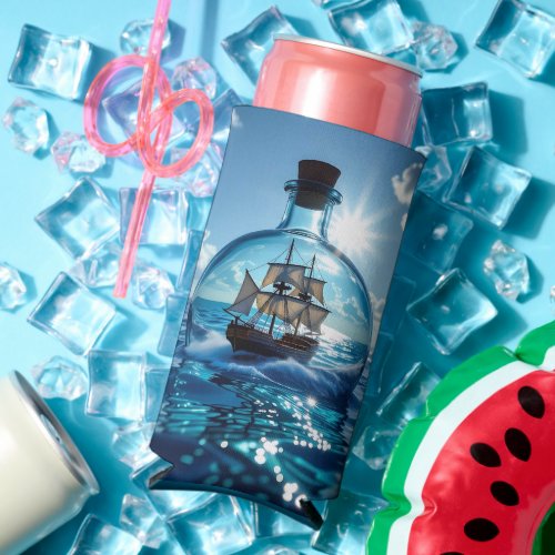 Ship in a Bottle Floating on the Ocean  Seltzer Can Cooler