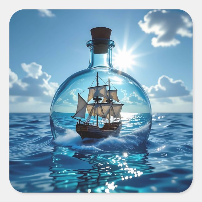 Ship in a Bottle Floating on the Ocean  Square Sticker (Front)