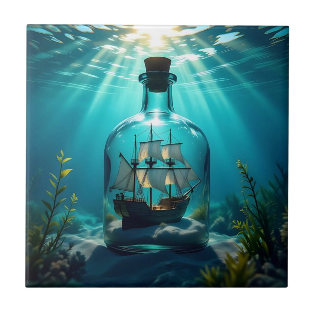 Ship in a Bottle in the Ocean  Ceramic Tile (Front)