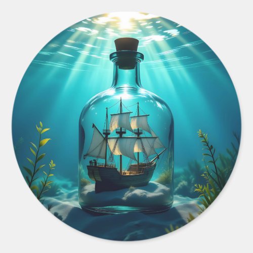 Ship in a Bottle in the Ocean  Classic Round Sticker