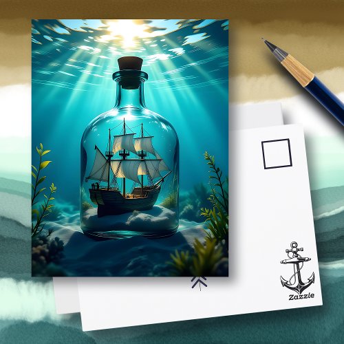 Ship in a Bottle in the Ocean | Saying Hi Postcard