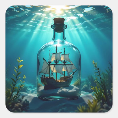 Ship in a Bottle in the Ocean  Square Sticker