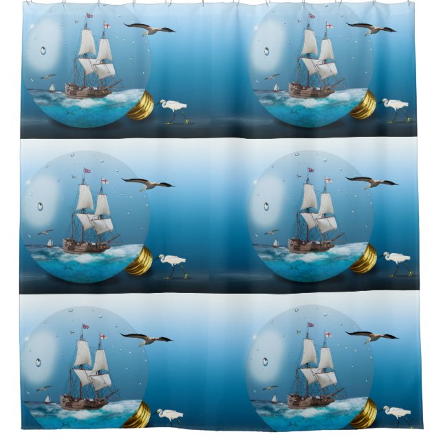 Ship in a light bulb shower curtain (Front)