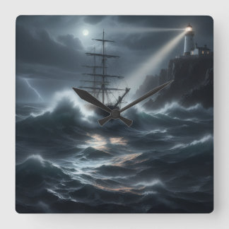 Ship in a storm guided by lighthouse - square wall clock