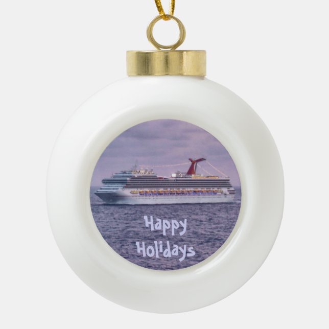 Ship in Purple Ceramic Ball Christmas Ornament (Front)