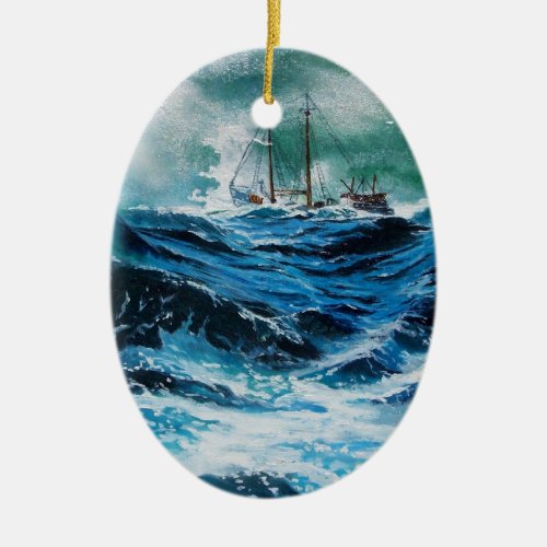 Ship In the Sea in Storm Ceramic Ornament