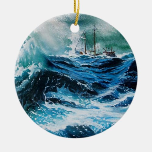 Ship In the Sea in Storm Ceramic Ornament