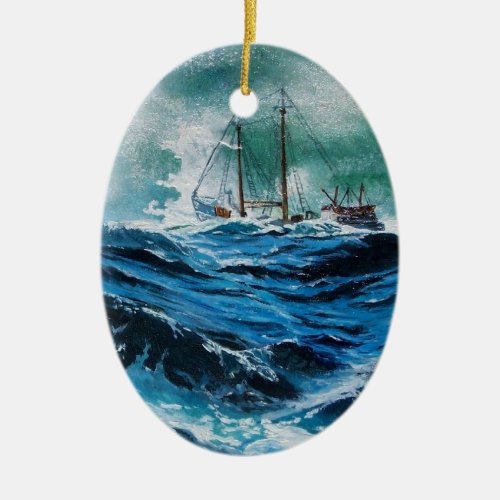 Ship In the Sea in Storm Ceramic Ornament