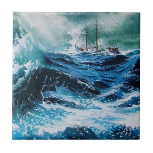 Ship In the Sea in Storm Ceramic Tile