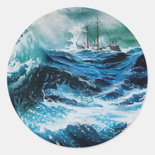 Ship In the Sea in Storm Classic Round Sticker