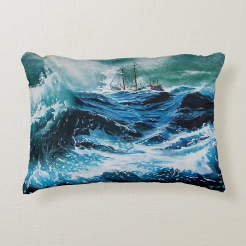 Ship In the Sea in Storm Decorative Pillow