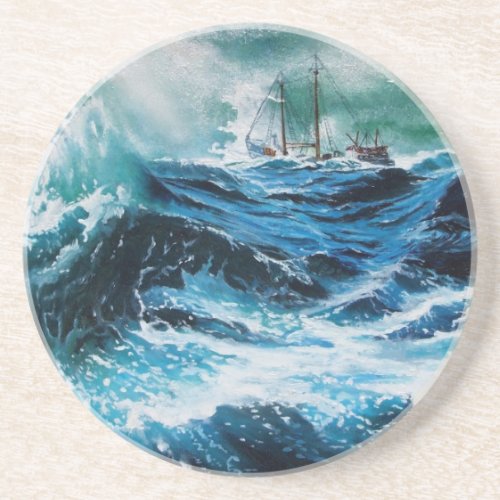 Ship In the Sea in Storm Drink Coaster