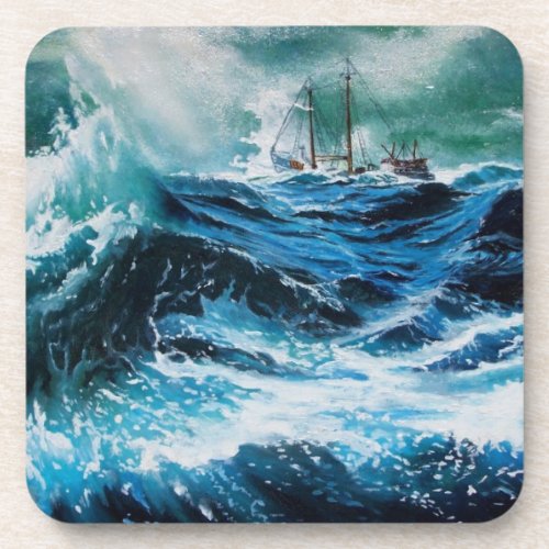 Ship In the Sea in Storm Drink Coaster