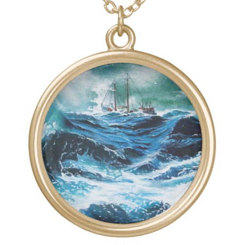 Ship In the Sea in Storm Gold Plated Necklace