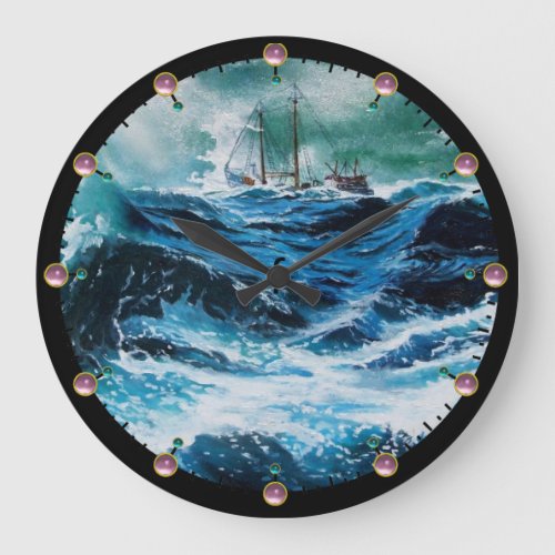 Ship In the Sea in Storm Large Clock