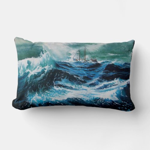 Ship In the Sea in Storm Lumbar Pillow