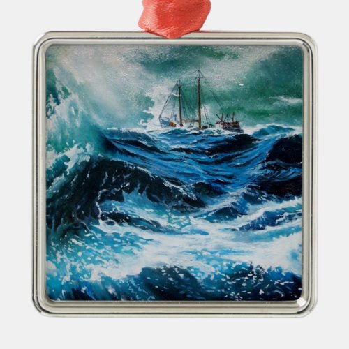 Ship In the Sea in Storm Metal Ornament