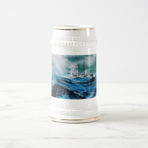 Ship In the Sea in Storm Nautical Blue Beer Stein