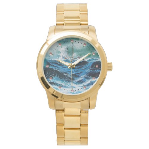 Ship In the Sea in Storm Nautical Blue Watch