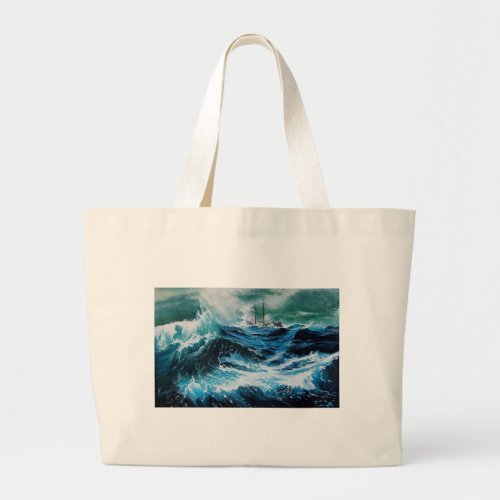 Ship In the Sea in Storm Nautical Large Tote Bag