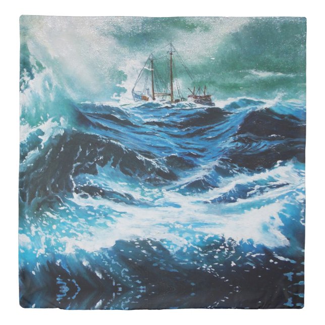 Ship In the Sea in Storm, Nautical ,Navy Blue Duvet Cover (Front)