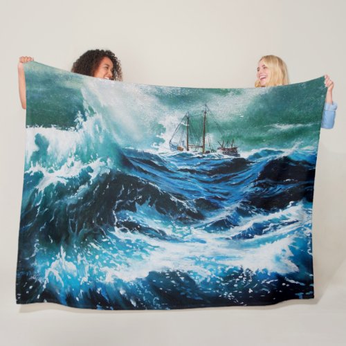 Ship In the Sea in Storm Nautical Navy Blue Fleece Blanket