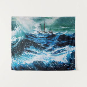 Ship In the Sea in Storm, Nautical ,Navy Blue Tapestry