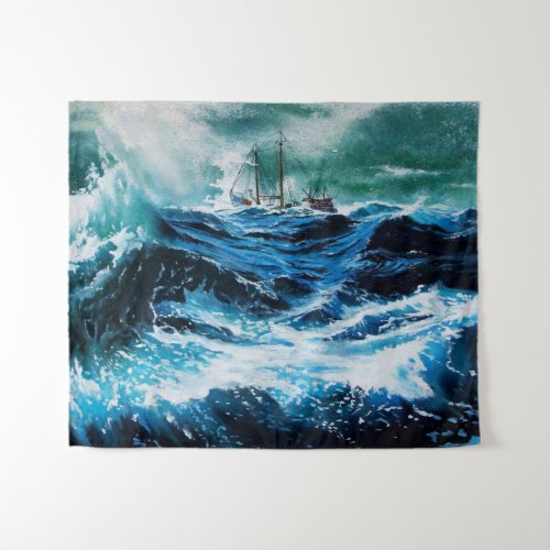 Ship In the Sea in Storm Nautical Navy Blue Tapestry