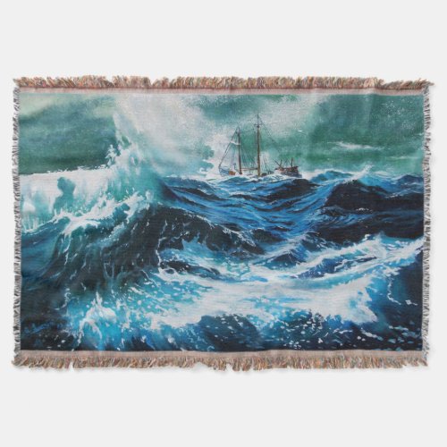 Ship In the Sea in Storm Nautical Navy Blue Throw Blanket