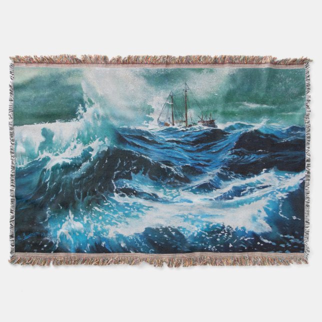 Ship In the Sea in Storm, Nautical ,Navy Blue Throw Blanket (Front)