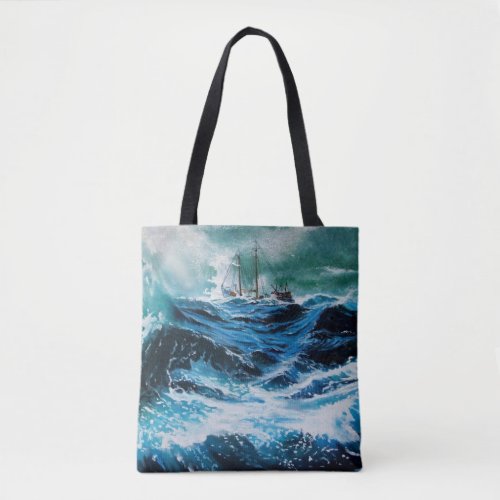 Ship In the Sea in Storm Nautical Tote Bag