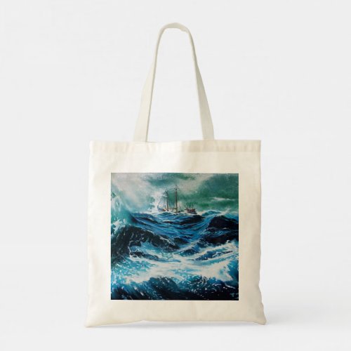 Ship In the Sea in Storm Nautical Tote Bag