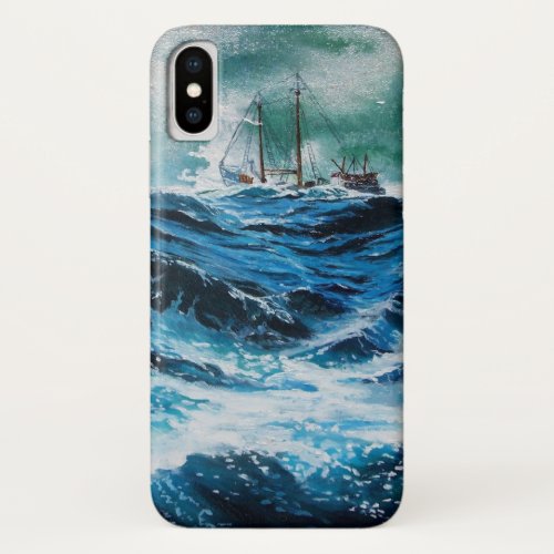 Ship In the Sea in Storm  Navy Blue iPhone XS Case