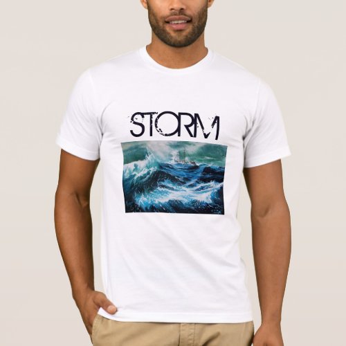 Ship In the Sea in Storm Navy Blue T_Shirt