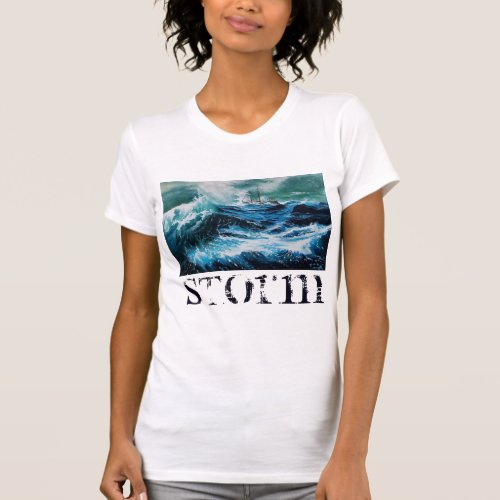 Ship In the Sea in Storm Navy Blue T_Shirt