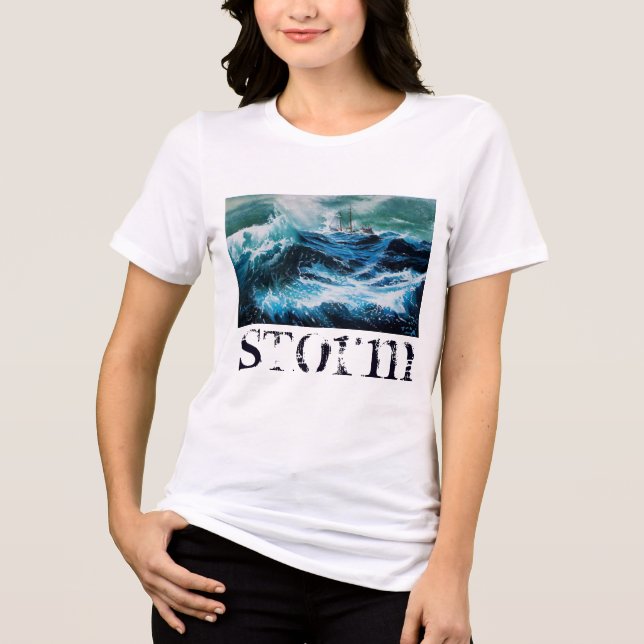 Ship In the Sea in Storm, Navy Blue Tri-Blend Shirt (Front)