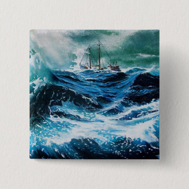 Ship In the Sea in Storm Pinback Button (Front)