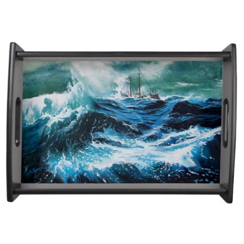 Ship In the Sea in Storm Serving Tray
