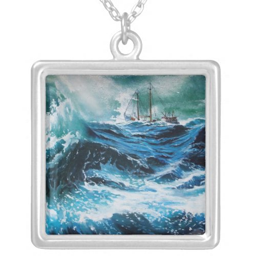 Ship In the Sea in Storm Silver Plated Necklace